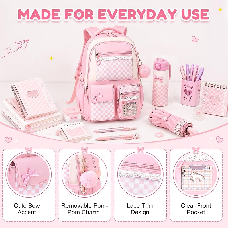 Kids School Backpack for Girls 6-14 Pink Checkerboard Variation: Pink Checkerboard