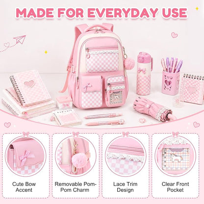 Kids School Backpack for Girls 6-14 Pink Checkerboard Variation: Pink Checkerboard