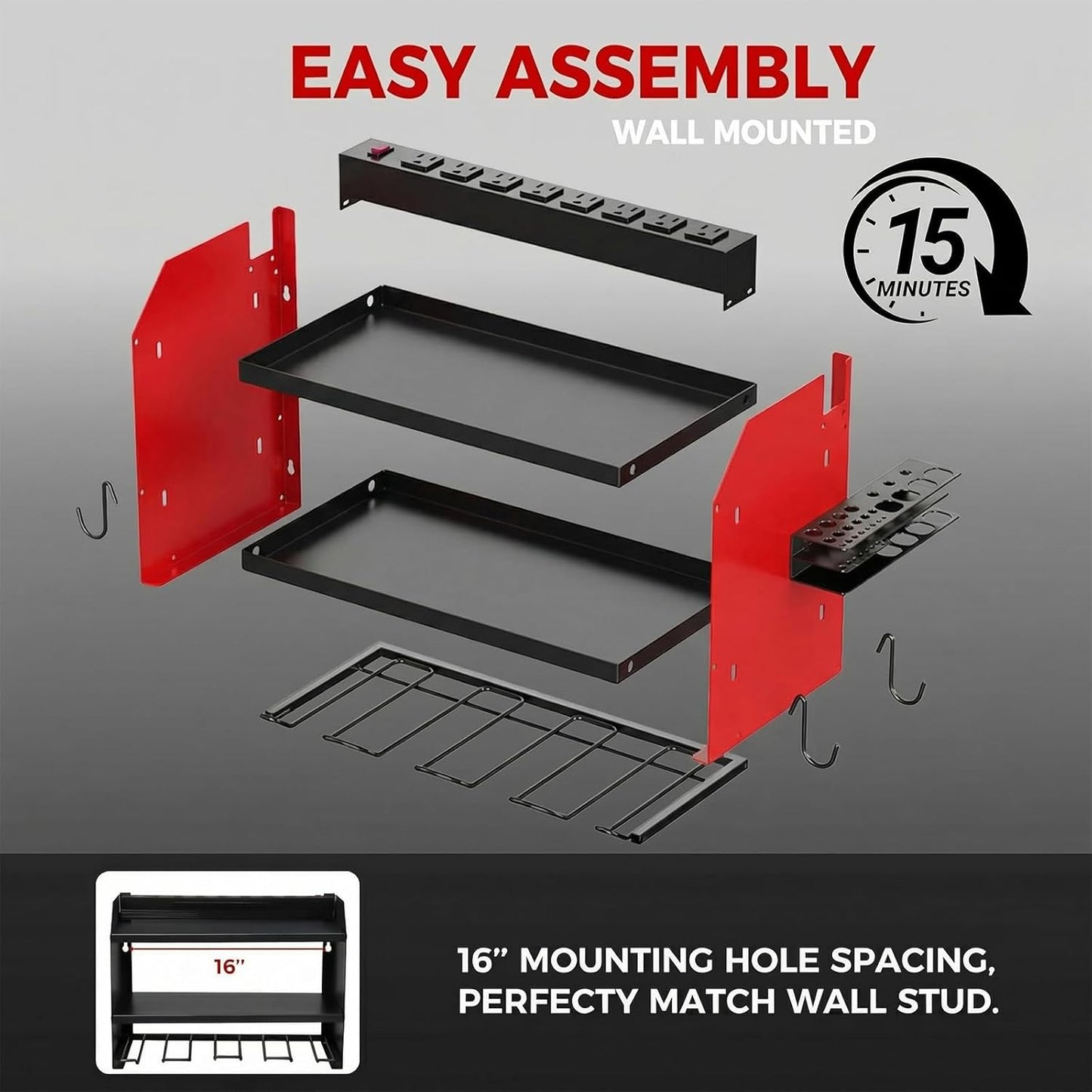 Power Tool Organizer - Heavy Duty Wall Mount with Charging Station & 4 Drill Holders | Red
