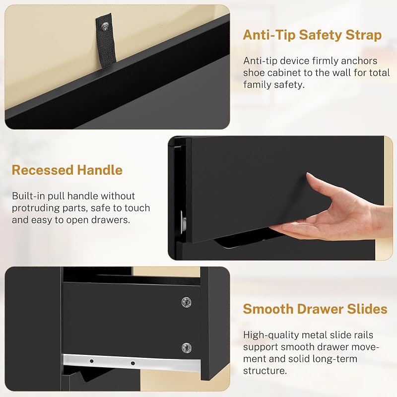 Nightstand Set of 2 with 2 Drawers and App-Controlled RGB LED Light – Black