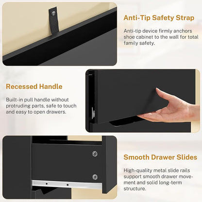 Nightstand Set of 2 with 2 Drawers and App-Controlled RGB LED Light – Black