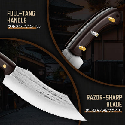 TIJERAS Butcher Knife Set, 3PCS Hand Forged Chef Knife Set, Serbian Chef Knife & Meat Cleaver Knife & Nakiri Knife, BBQ Knife Set for Meat Cutting, Japanese Men Camping Knife Set for Cooking