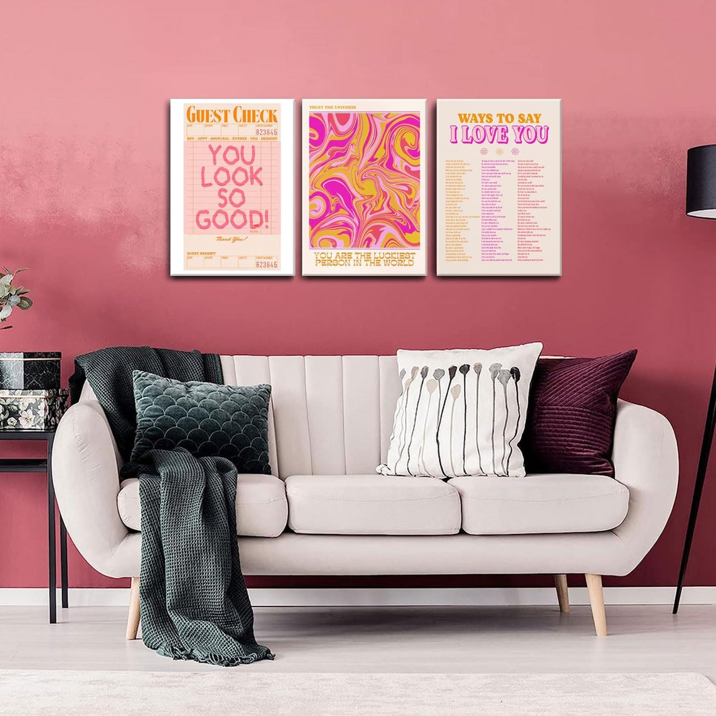 Pink Wall Decor - Abstract Canvas Art Set of 3 | Unique Love-Inspired Prints for Teen Girls | Framed 12x16''