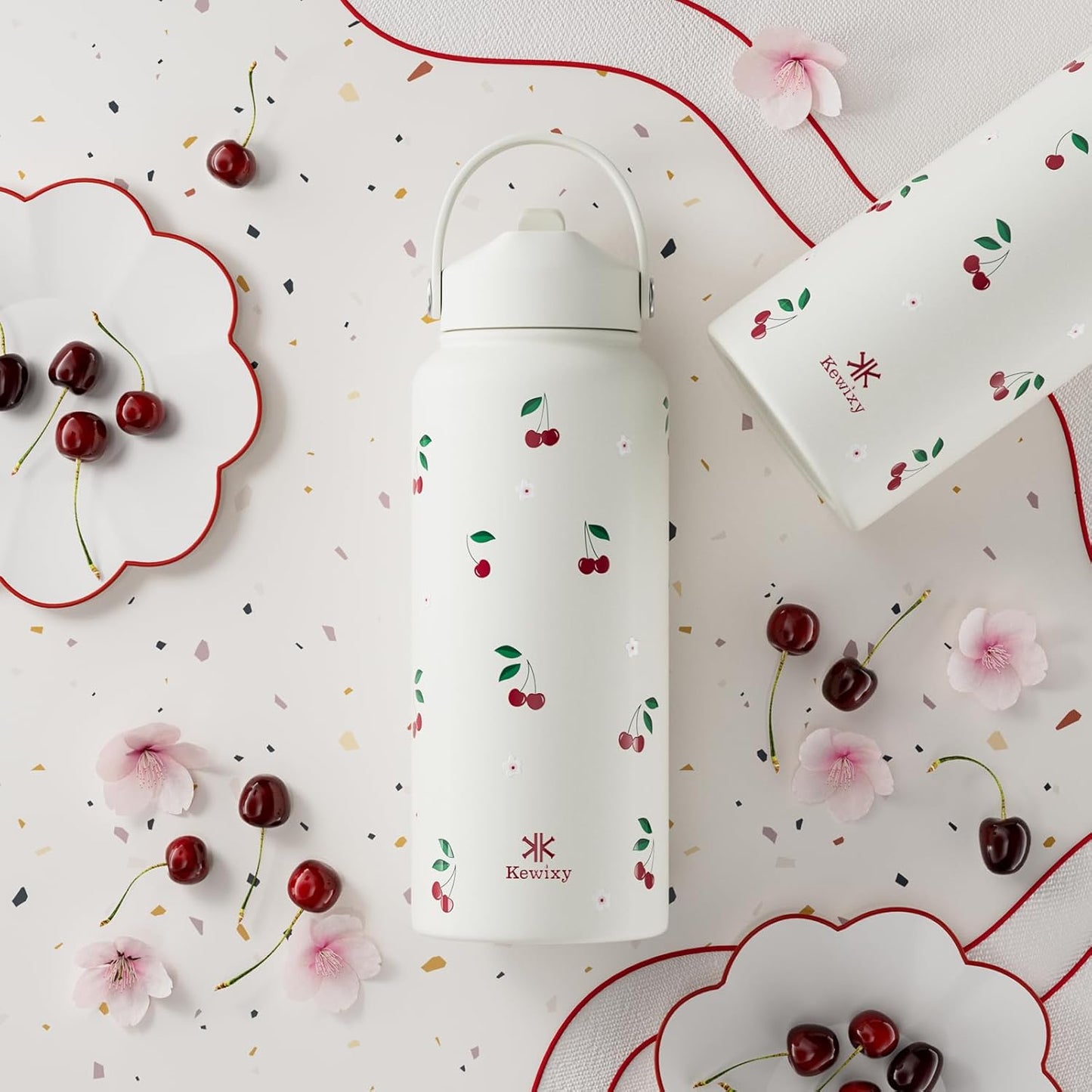 Skiennix 32 oz Insulated Water Bottle - Leak Proof Stainless Steel with Flip Straw & Handle | Cream Cherry