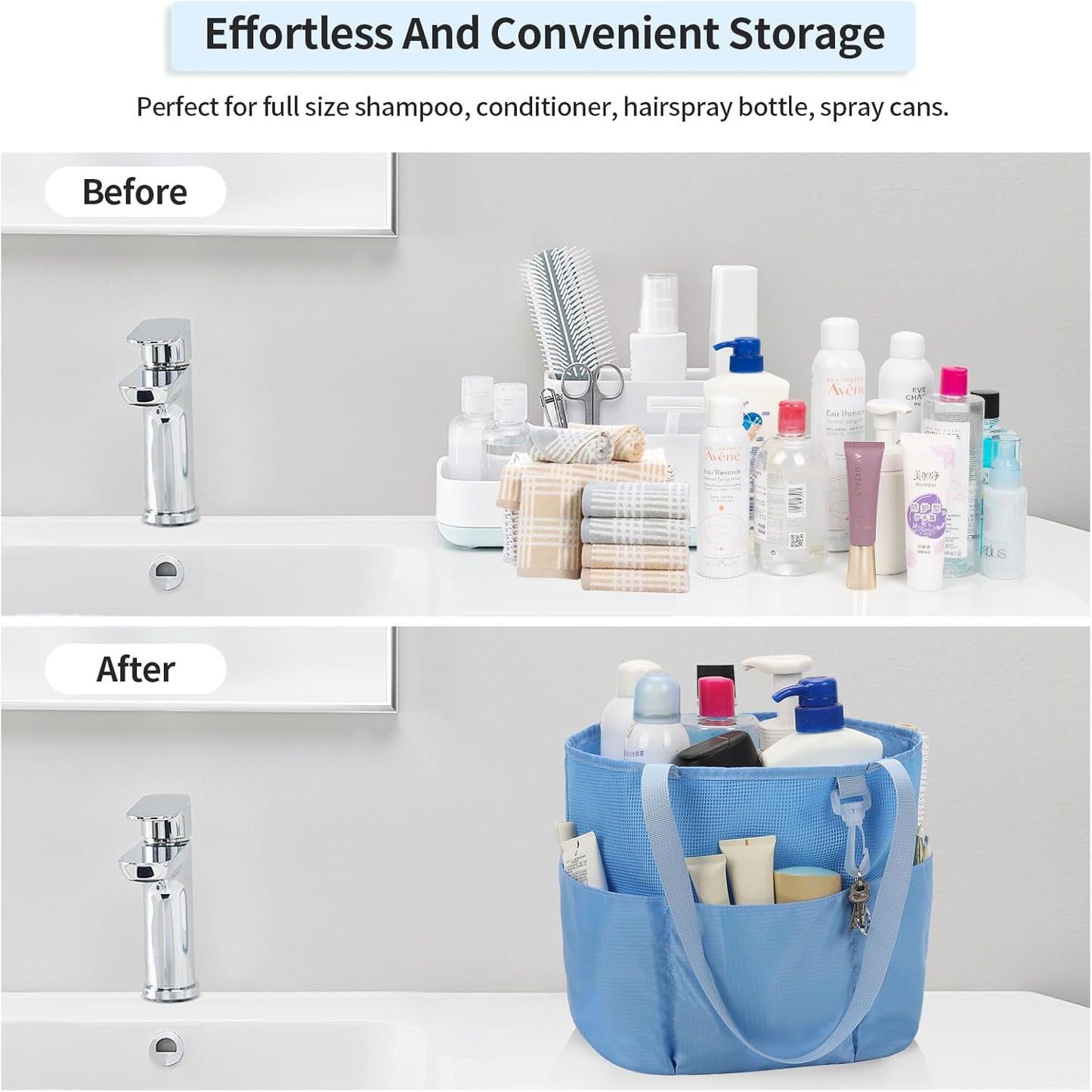 Skiennix Mesh Shower Caddy - Portable Travel Toiletry Bag with Large Capacity | Quick Dry Design in Blue