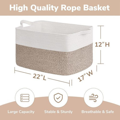 Goodpick Large Blanket Basket - Woven Cotton Rope Storage Solution | 22" x 17" x 12" | White & Brown