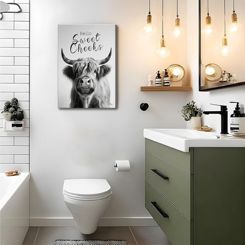 Highland Cow Wall Art - Funny Black and White Canvas Print | 16x24in Framed Bathroom Decor