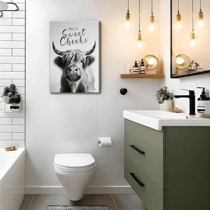 Highland Cow Wall Art - Funny Black and White Canvas Print | 16x24in Framed Bathroom Decor
