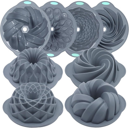 Tongjude Silicone Fluted Cake Pans - Non-Stick 4-Piece Set for Baking Cakes, Bread & Jello | 6/7/8 Cups, Grey