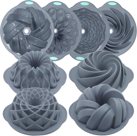 Tongjude Silicone Fluted Cake Pans - Non-Stick 4-Piece Set for Baking Cakes, Bread & Jello | 6/7/8 Cups, Grey