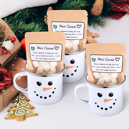 6-Piece Christmas Hot Cocoa Gift Set with Snowman Enamel Mugs, Kraft Pouches & Labels