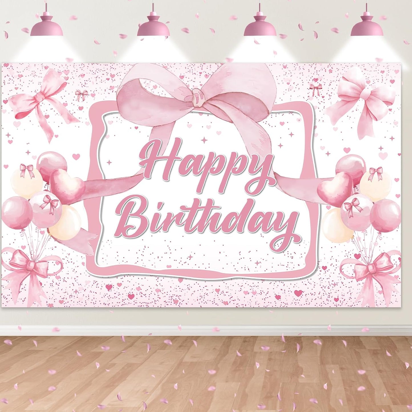 Skiennix Pink Bow Birthday Backdrop - Happy Birthday Banner Decorations for Girls' Parties