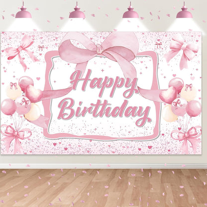 Skiennix Pink Bow Birthday Backdrop - Happy Birthday Banner Decorations for Girls' Parties