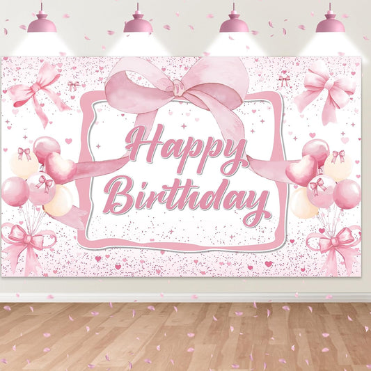 Skiennix Pink Bow Birthday Backdrop - Happy Birthday Banner Decorations for Girls' Parties