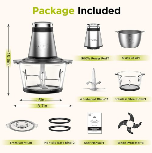 KOIOS Food Processor - 500W Electric Chopper with 2 Bowls & Bi-Level Blades | Ideal for Nuts, Meat, Garlic, Baby Food - Black