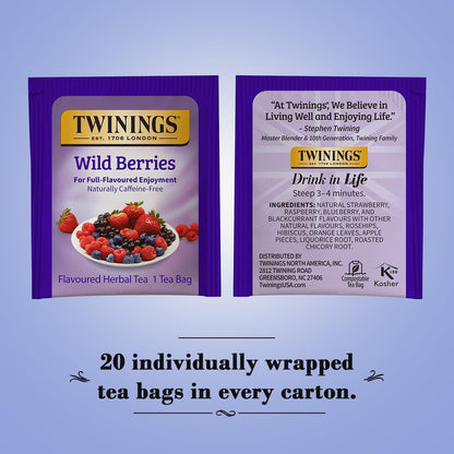 Twinings Wild Berries Tea - Caffeine-Free Herbal Infusion with Fresh Berry Flavors | 20 Individually Wrapped Bags (Pack of 2)