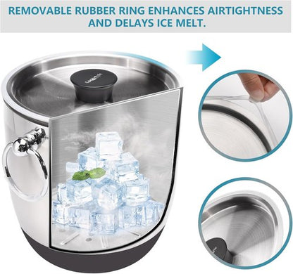 Double-Wall Stainless Steel Insulated Ice Bucket With Lid & Ice Tong [3 Liter] Included Strainer Keeps Ice Cold & Dry, Home Bar, Chilling Beer, Champagne, Wine Bottle
