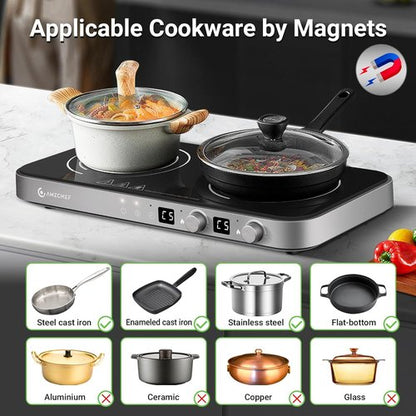 AMZCHEF Double Induction Cooktop - 1800W Portable Stove with Removable Griddle Pan | Iron Grey, 9 Power Levels