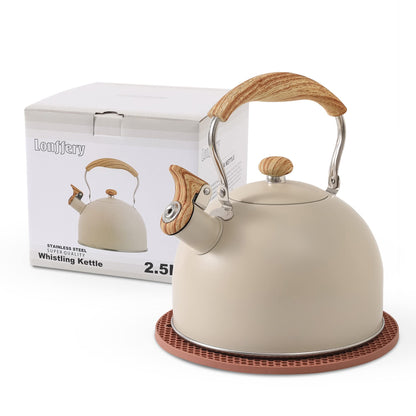 LONFFERY Tea Kettle, 2.5 Quart Whistling Tea Kettle, Tea Pots for Stove Top Food Grade Stainless Steel with Wood Pattern Folding Handle - Creamy White