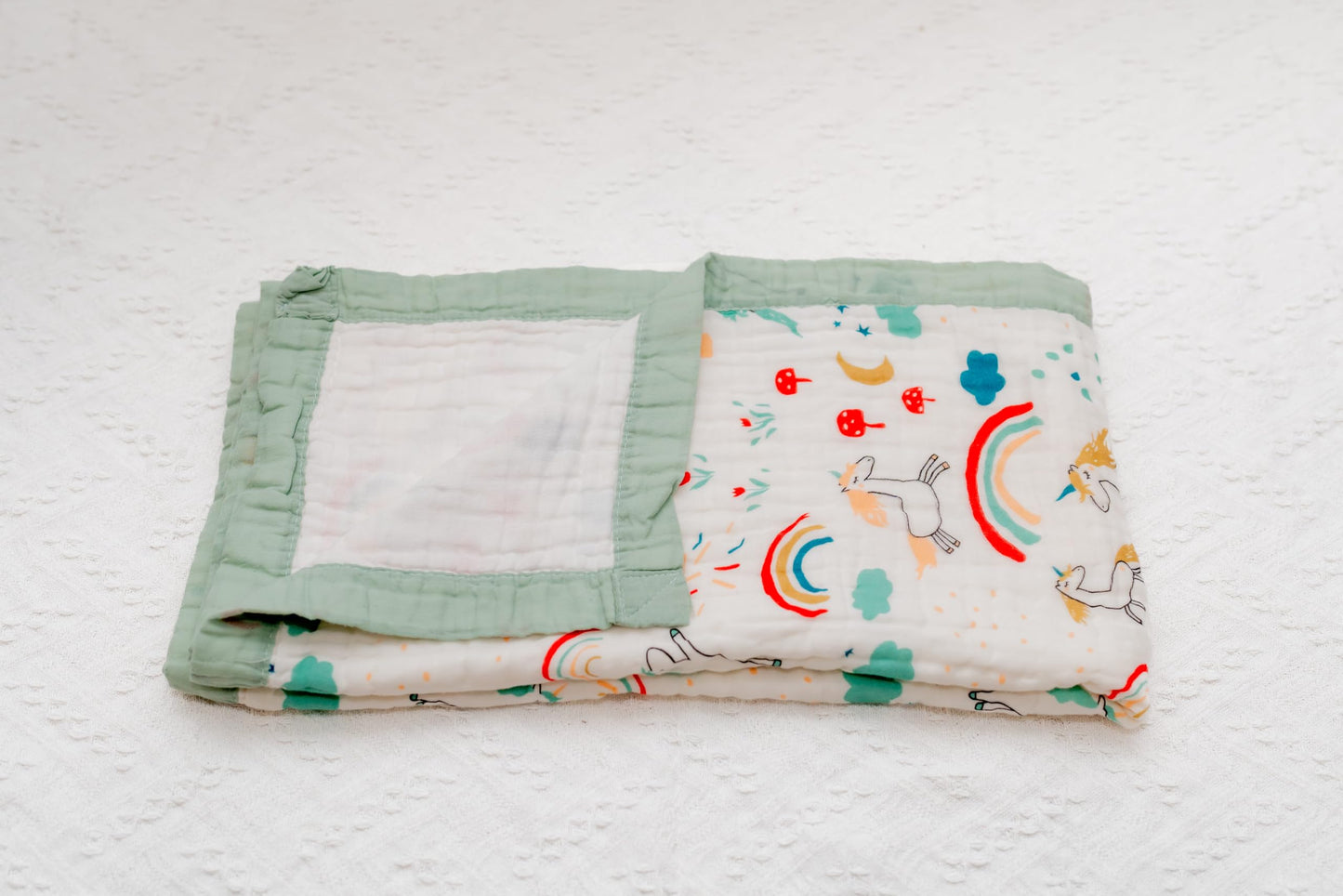 100% Cotton Baby Muslin Quilt Blanket – 6-Layer Soft and Breathable – Hypoallergenic Swaddle Blanket for Newborns and Infants – Rainbow Wishes - Sage Border