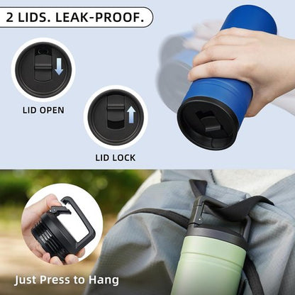 BJPKPK Insulated Water Bottle - 20 oz Double Wall Stainless Steel Tumbler with 2 Lids | Sapphire Blue