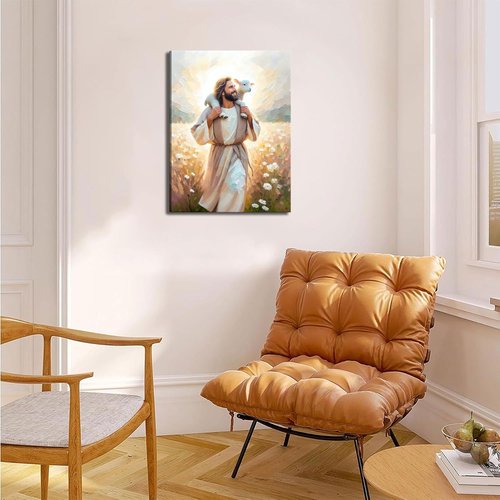 GKQNMU Jesus Carrying The Lamb Canvas Wall Art - Christ The Good Shepherd Decor | Ready To Hang