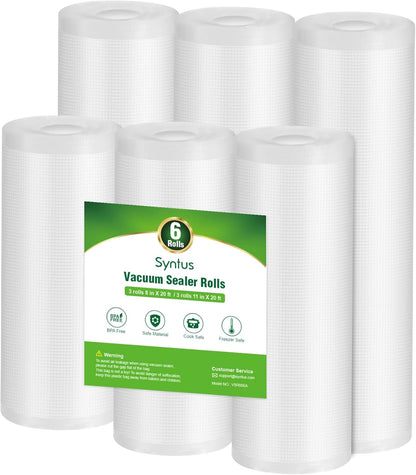 Syntus Vacuum Sealer Bags - 6 Pack Commercial Grade BPA-Free Rolls | 11" x 20' & 8" x 20' for Food Storage