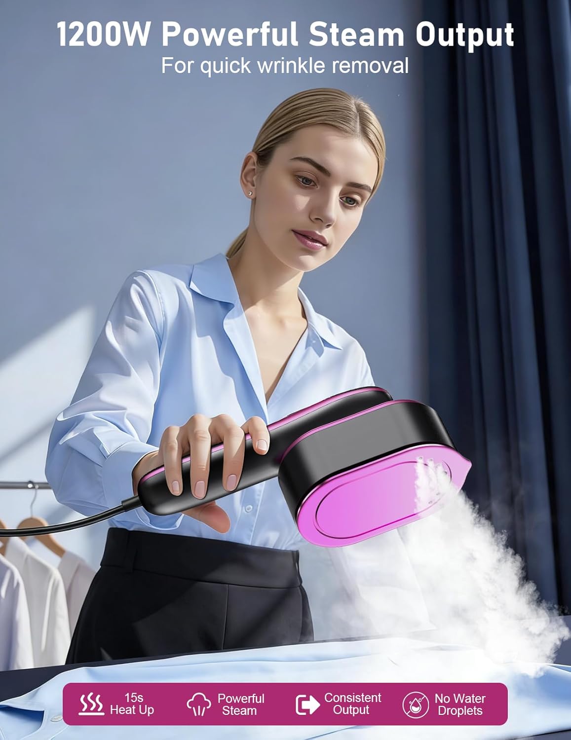 Skiennix Travel Garment Steamer - 1200W Portable Handheld Iron with LED Display | Fast 10s Heat-Up, All-Fabric Wrinkle Remover