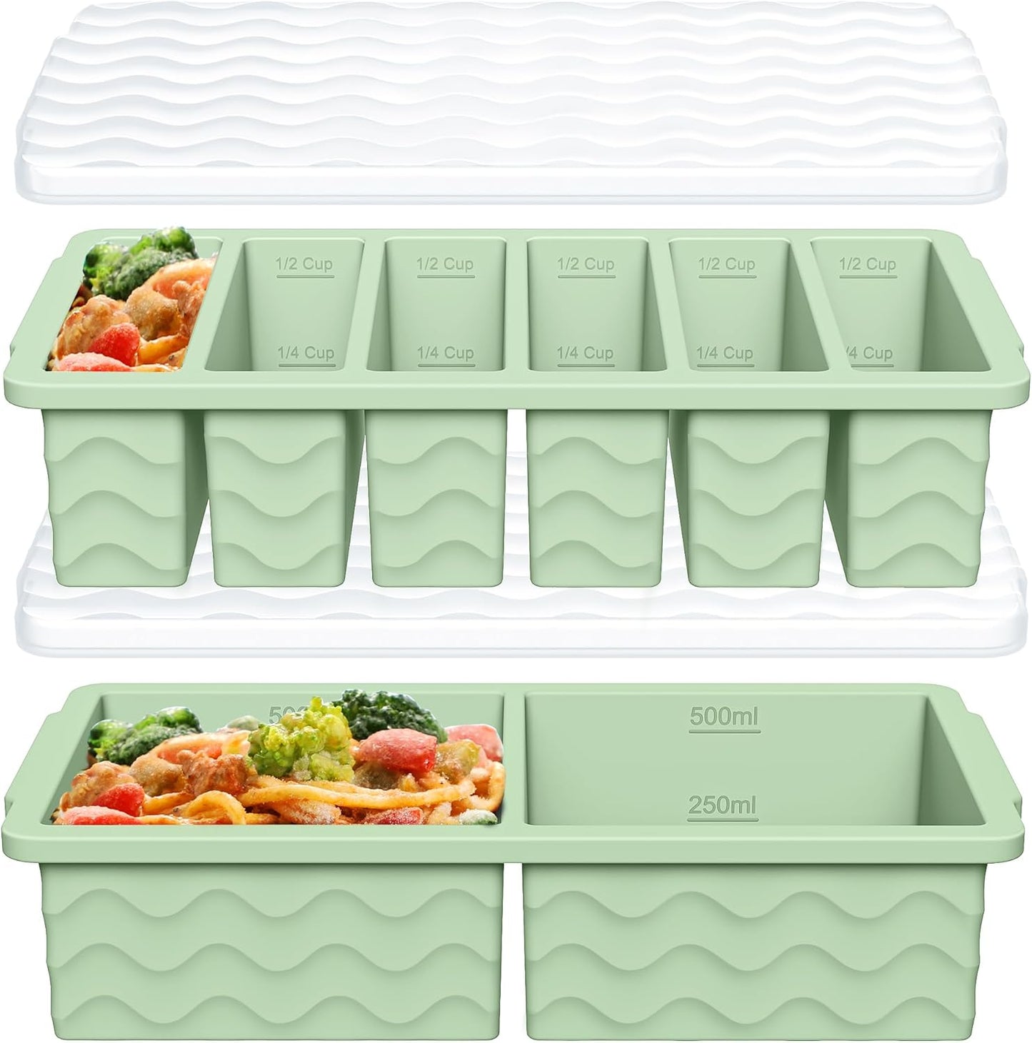 Skiennix Silicone Freezer Trays - 2-Pack with Lid for Meal Prep | 2 Large 2-Cup & 6 Small 1/2-Cup Molds