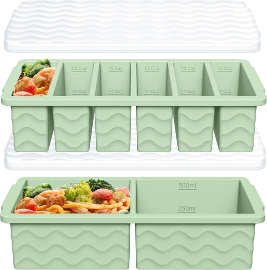 Skiennix Silicone Freezer Trays - 2-Pack with Lid for Meal Prep | 2 Large 2-Cup & 6 Small 1/2-Cup Molds