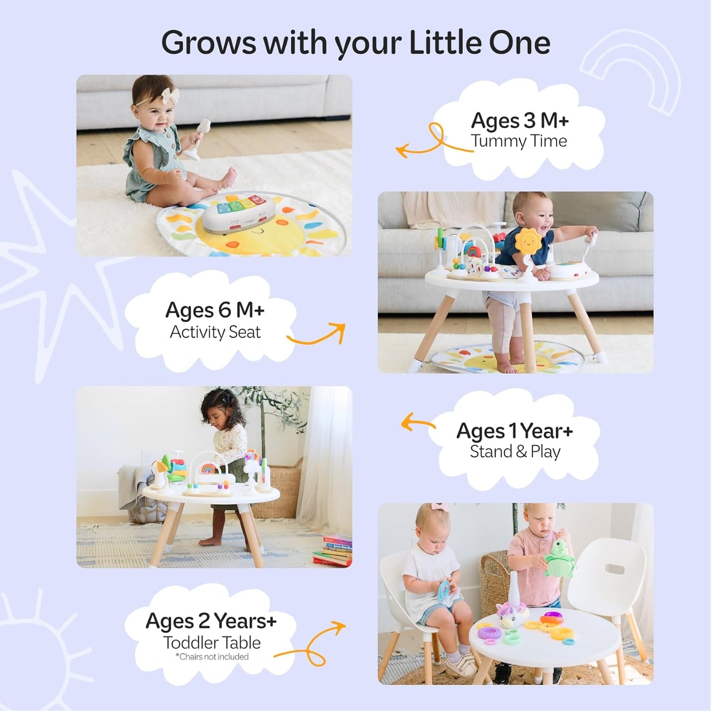 Move2Play 4-in-1 Baby Activity Center - Montessori Design with 8 Interactive Toys | Tummy Time, Exersaucer & Toddler Table | Perfect Gift for 3-12 Months (Sun)