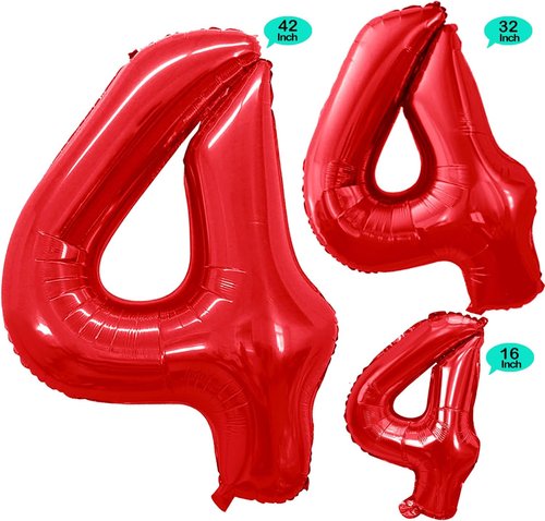 GOER Red Foil Number 4 Balloons - Huge 42 Inch, 32 Inch & 16 Inch Birthday Party Decorations