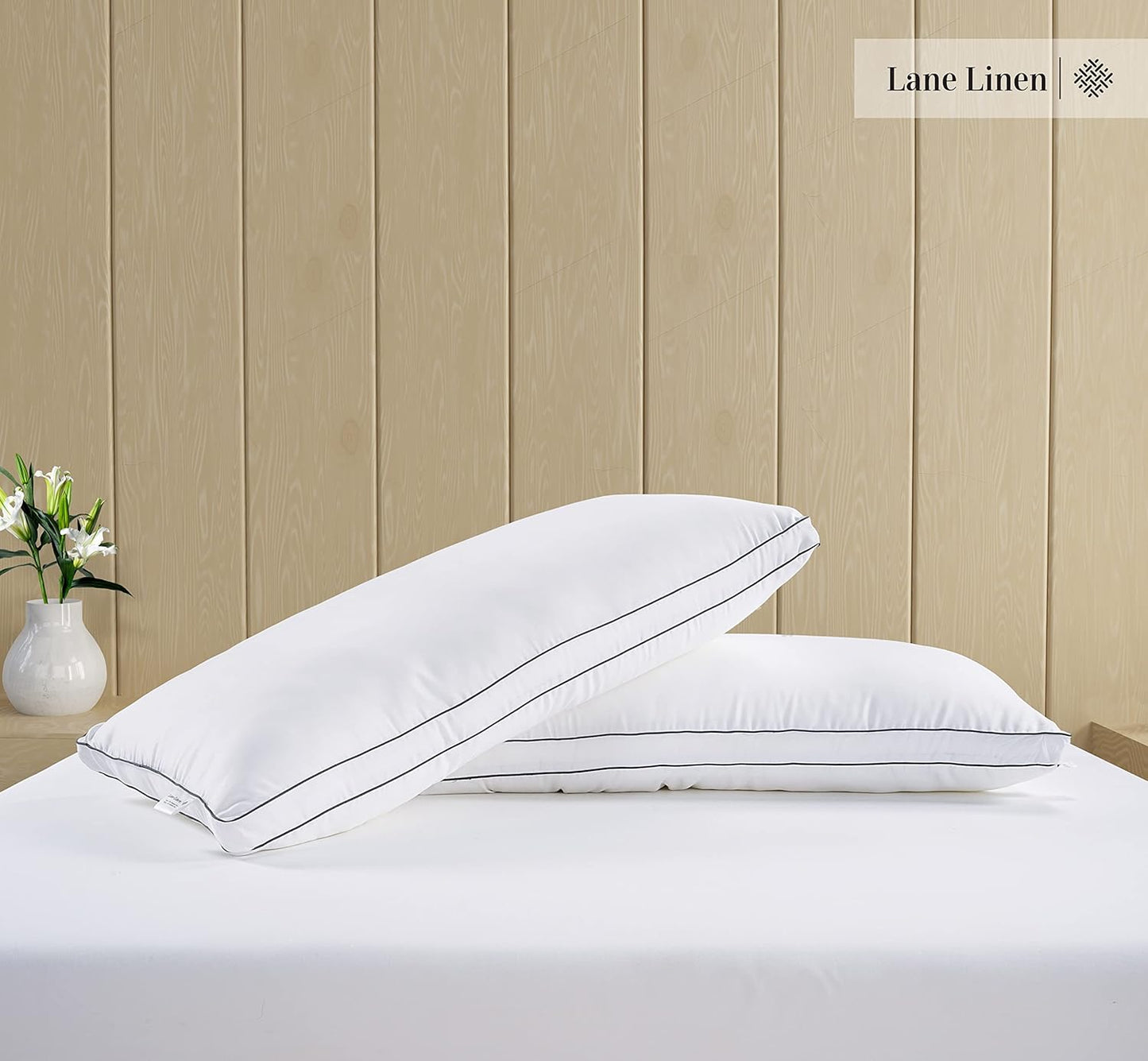 **LANE LINEN Standard Size Bed Pillows - Set of 2 Medium Soft Gusseted Down Alternative for Side Sleepers - White**