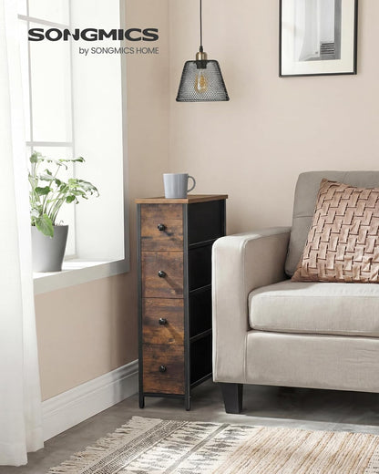 SONGMICS Dresser - Narrow Chest of Drawers for Bedroom Storage | 4-Drawer Steel Organizer in Rustic Brown & Ink Black