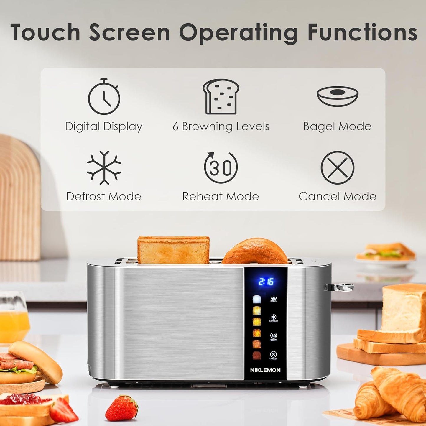 NIKLEMON 4-Slice Stainless Steel Toaster - LED Display, Touch Buttons, Extra Wide Slots, 1300W