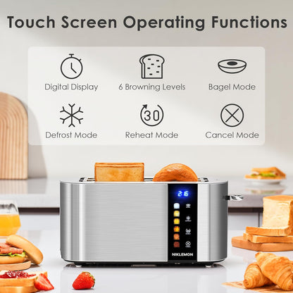 NIKLEMON 4-Slice Stainless Steel Toaster - LED Display, Touch Buttons, Extra Wide Slots, 1300W
