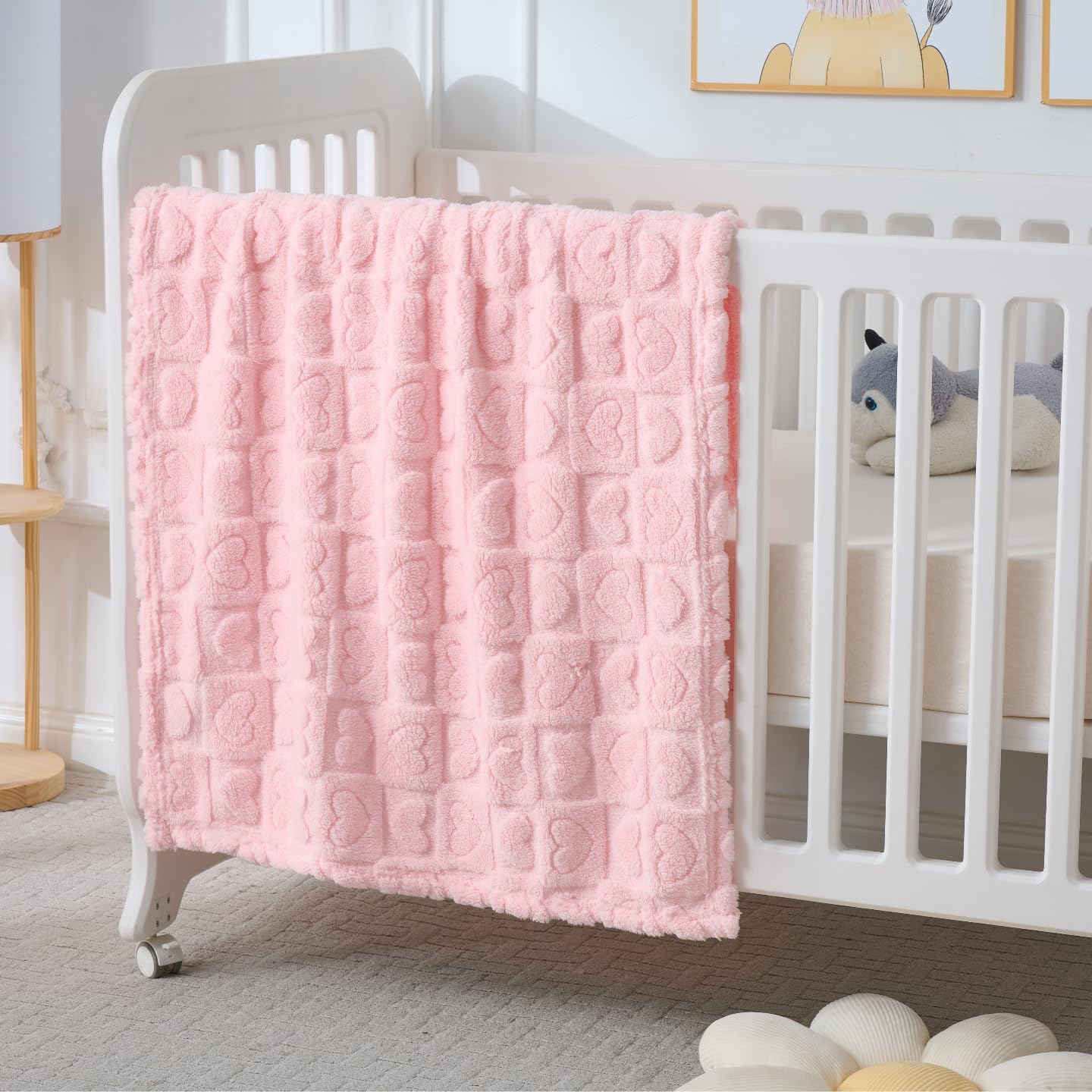 Skiennix Cozy Fleece Baby Blankets - 4 Pcs Heart Checkered Crib Blankets for Girls | 30x40 Light Pink & Grey