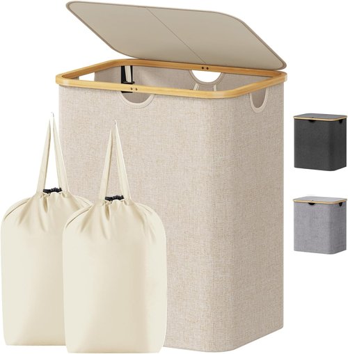 Lifewit 120L Laundry Basket - Foldable Hamper with Lid & Bamboo Handles | Beige, Large Capacity