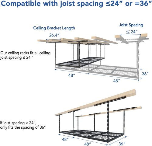 FLEXIMOUNTS Overhead Garage Ceiling Storage Rack - Adjustable Heavy-Duty Metal | 750lbs Capacity, Black