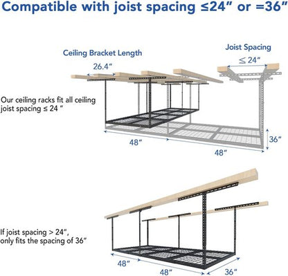 FLEXIMOUNTS Overhead Garage Ceiling Storage Rack - Adjustable Heavy-Duty Metal | 750lbs Capacity, Black
