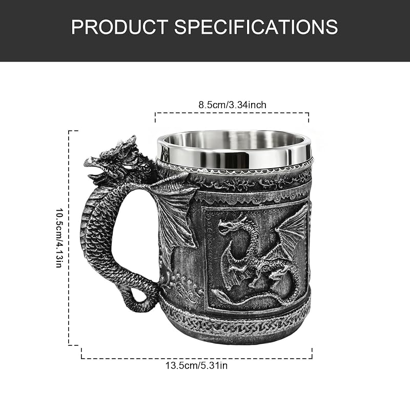 Silver Variation Medieval Roaring Dragon Beer Mug 16oz – Resin Exterior with Stainless Steel Lining
