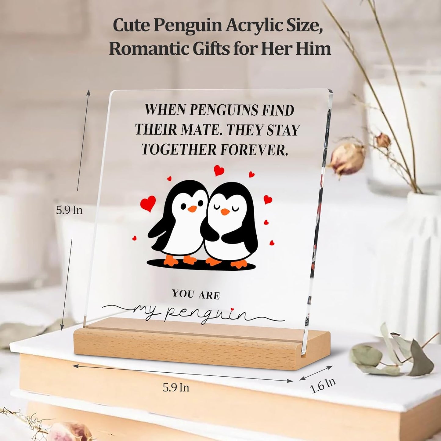 Romantic Penguin Acrylic Plaque - 5.9x5.9 Inch Clear Acrylic Home Decor | Perfect Gift for Couples