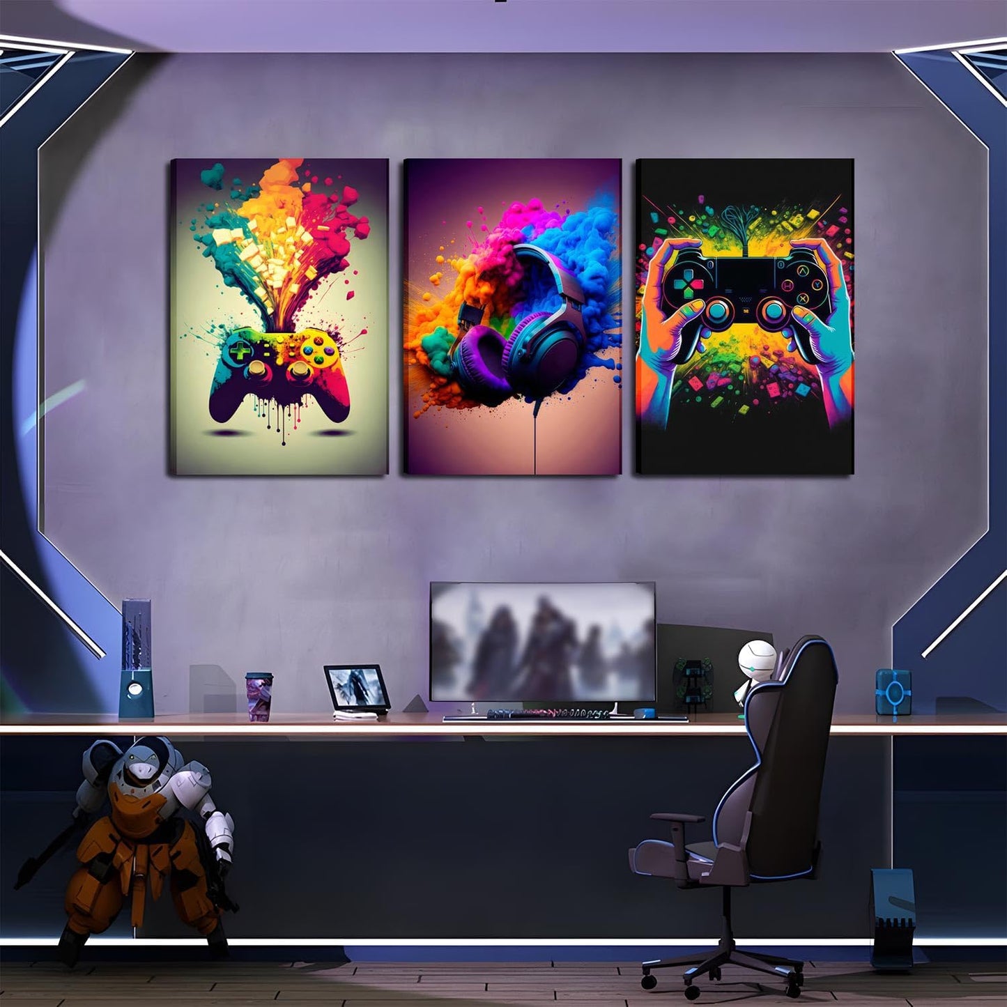 Skiennix Gaming Room Decor | Set of 3 Framed Canvas Posters - Video Game Controller Art for Boys 16x24 in