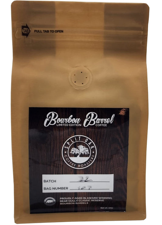 Organic Bourbon Barrel Roasted Coffee Beans 10oz, Limited Edition Barrel Aged to Perfection Whole Beans, Single Origin, Medium Roast Award Winning by Split Oak Coffee Roasters