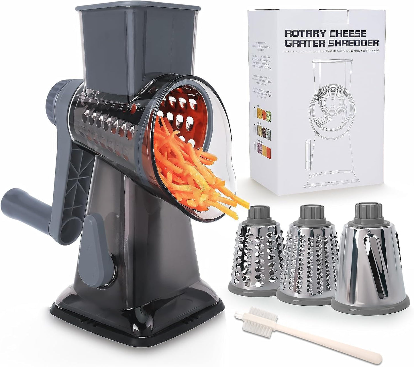Rotary Cheese Grater by [Brand Name] - Versatile Non-Slip Suction Base | Compact Kitchen Tool for Cheese, Carrots & More (Gray)