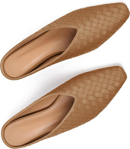 Woven Mules for Women Slip on Comfortabke Metallic Slides Ladies Trendy Square Toe Hidden Wedge Mules
