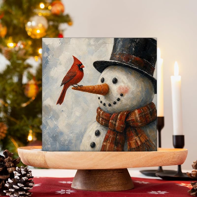 This listing: Christmas Snowman Decor Red Cardinal Wood Sign – 5 x 5 inches (Variation C)