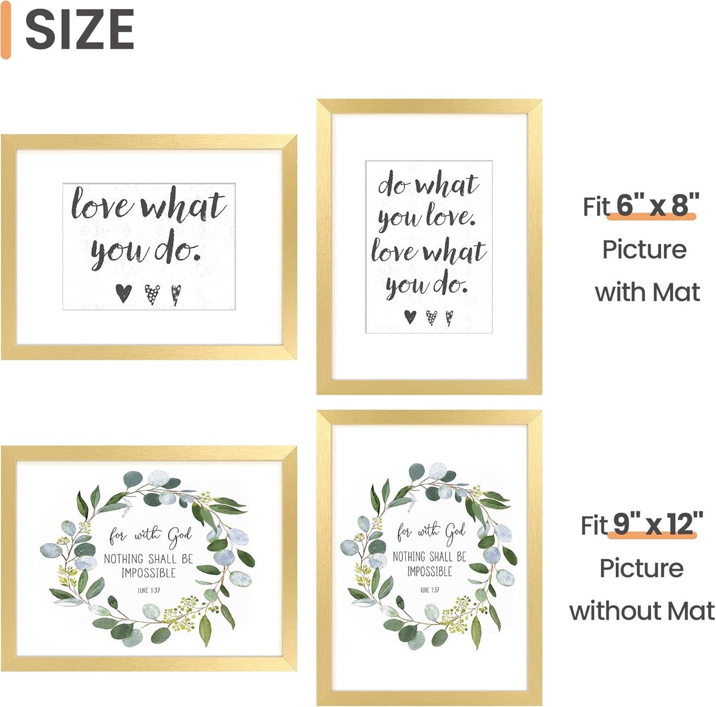 Upsimples 9x12 Picture Frame - Elegant Gold Design for 6x8 Photos with Mat or 9x12 Without | Wall Hanging Display