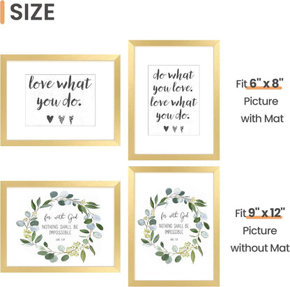 Upsimples 9x12 Picture Frame - Elegant Gold Design for 6x8 Photos with Mat or 9x12 Without | Wall Hanging Display