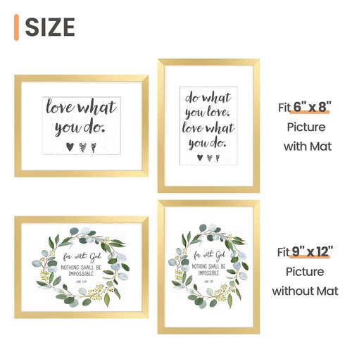 upsimples 9x12 Picture Frame, Display Pictures 6x8 with Mat or 9 x 12 Without, Wall Hanging Photo Frames, Gold, 1 Pack